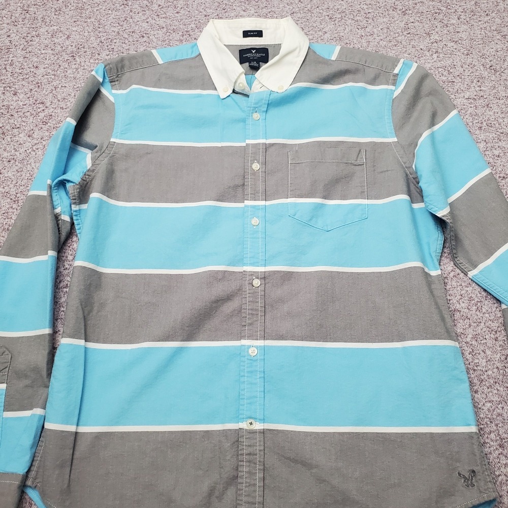 American Eagle Shirt Men's Large Blue Gray Striped (L)